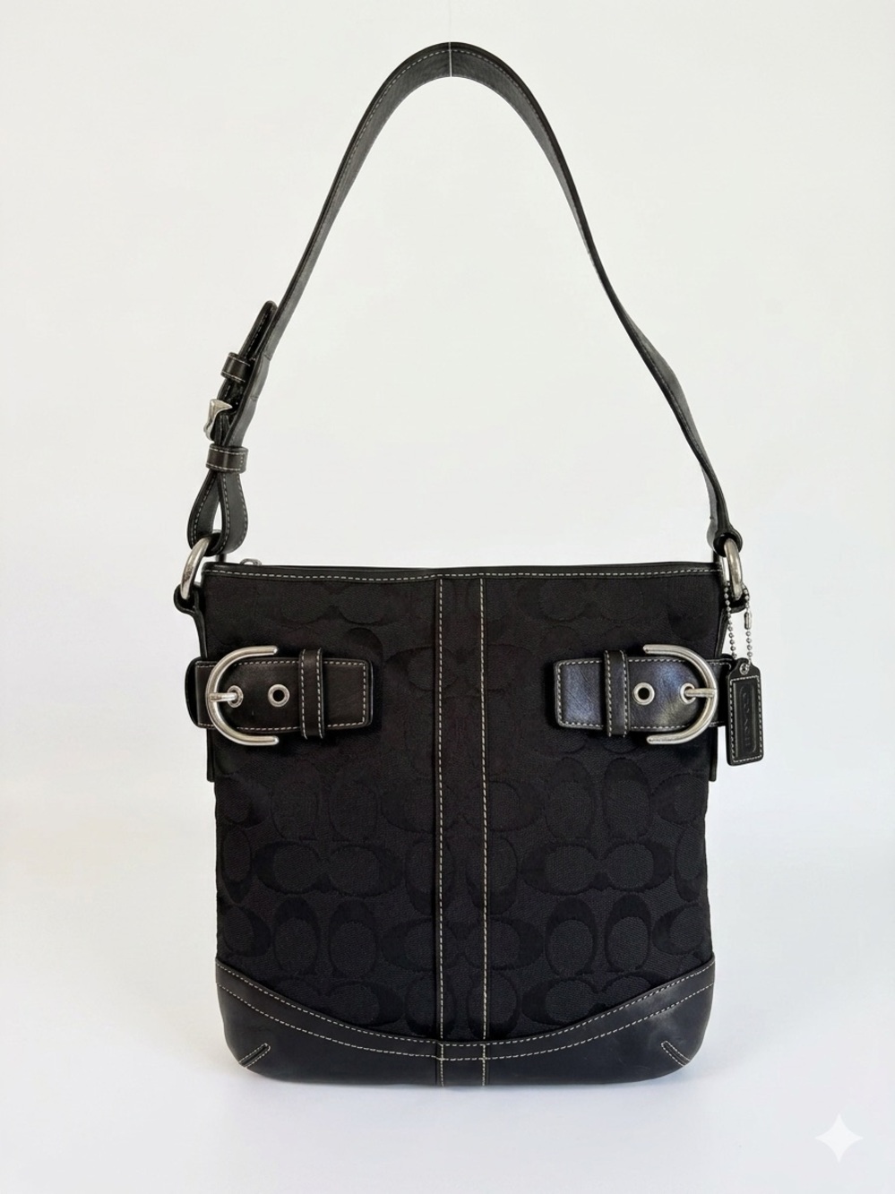 Vintage Coach Soho Slim Duffle Black Signature Canvas Buckle Hobo Shoulder Bag